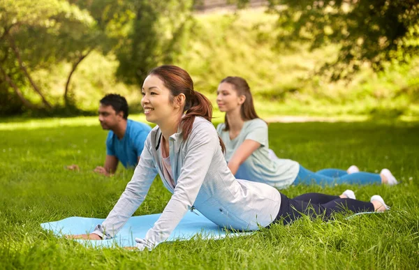 Grupp människor som gör yoga på sommarparken — Stockfoto