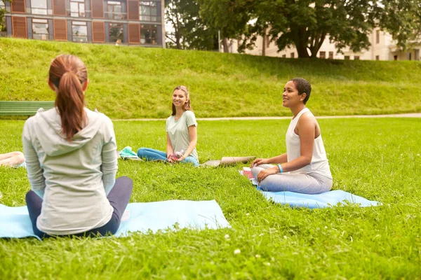 Groep mensen zittend op yogamatten in het park — Stockfoto