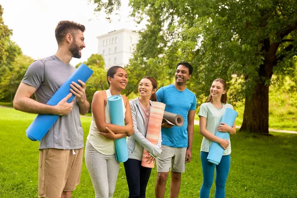 Groep gelukkige mensen met yogamatten in het park — Stockfoto