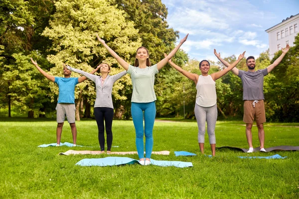Grupa osób uprawiających jogę w letnim parku — Zdjęcie stockowe