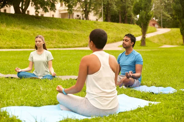 Groep mensen die yoga doen in het zomerpark — Stockfoto