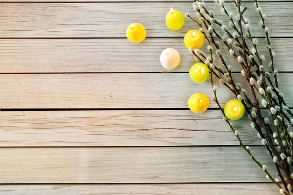 猫柳の枝とイースター卵のキャンドル — ストック写真