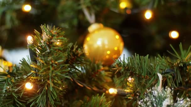 전나무에 걸려 있는 황금빛 크리스마스 무도회 장식 — 비디오