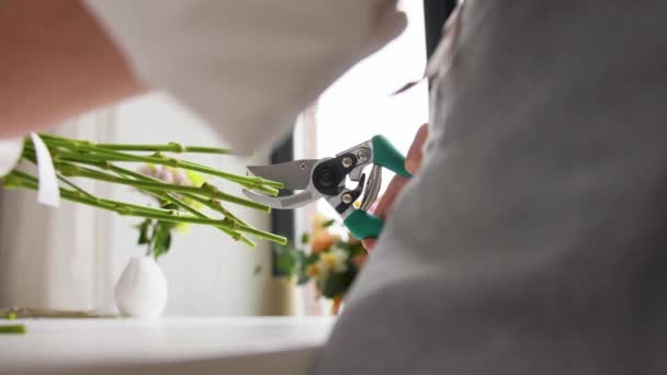 Primo piano di donna che organizza fiori a casa — Video Stock