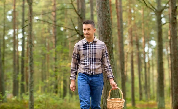 Homme heureux avec panier cueillette de champignons dans la forêt — Photo