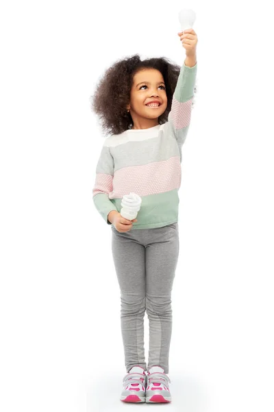 African american girl with different light bulbs — Stock Photo, Image