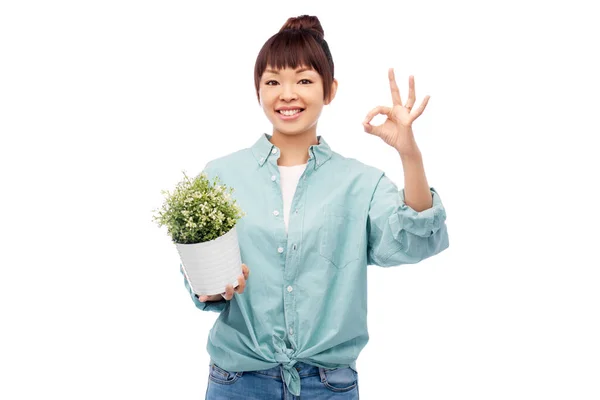 Šťastná usměvavá asijská žena drží květinu v hrnci — Stock fotografie