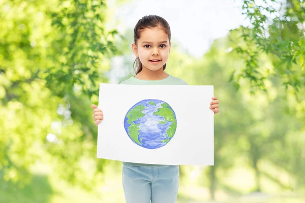 Leende flicka hålla ritning av jorden planet — Stockfoto