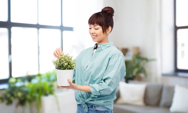 Feliz sonriente asiático mujer celebración flor en pot —  Fotos de Stock