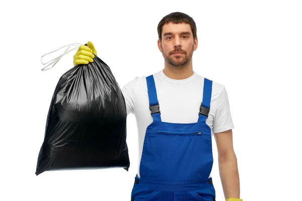Mužský pracovník nebo uklízeč s pytlem na odpadky — Stock fotografie