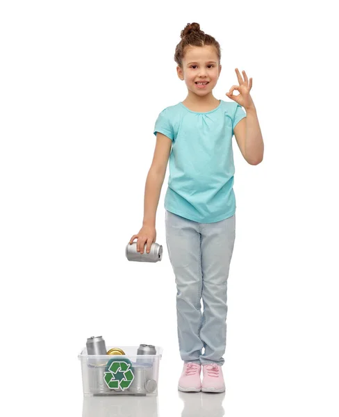 Smiling girl sorting metallic waste — Stock Photo, Image