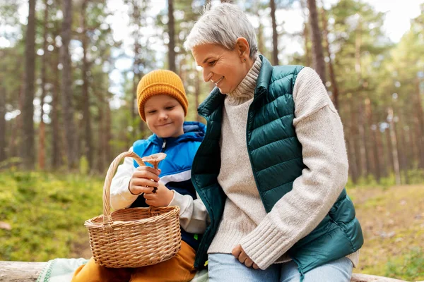 Nonna e nipote con funghi nella foresta — Foto Stock