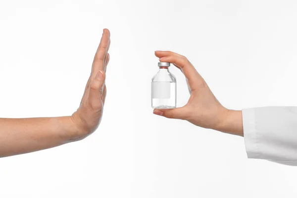 Hand with medicine and showing stop gesture — Stock Photo, Image