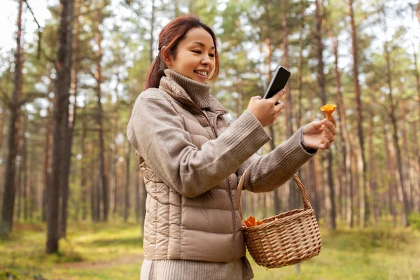 亚洲女人用智能手机辨别蘑菇 — 图库照片