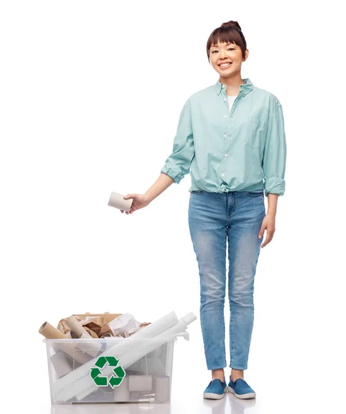 Happy smiling asian woman sorting paper waste — Stock Photo, Image