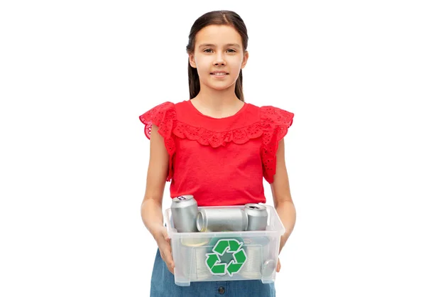 Smiling girl sorting metallic waste — Stock Photo, Image