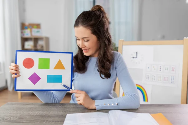 Nauczyciel pokazuje kształty w klasie online w domu — Zdjęcie stockowe