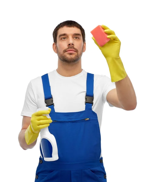 Male cleaner cleaning with sponge and detergent — Stock Photo, Image