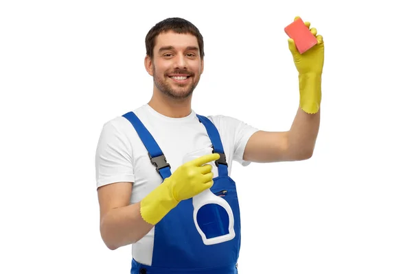 Male cleaner cleaning with sponge and detergent — Stock Photo, Image