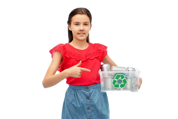 Smiling girl sorting metallic waste — Stock Photo, Image