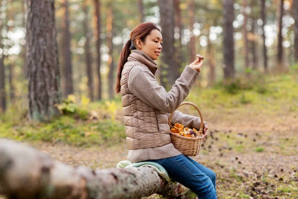 Vrouw met champignons in mand in herfstbos — Stockfoto