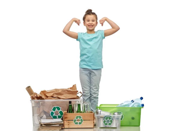 Happy girl sorting paper, metal and plastic waste — Stock Photo, Image