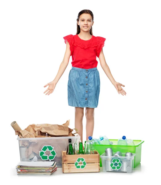 Happy girl sorting paper, metal and plastic waste — Stock Photo, Image