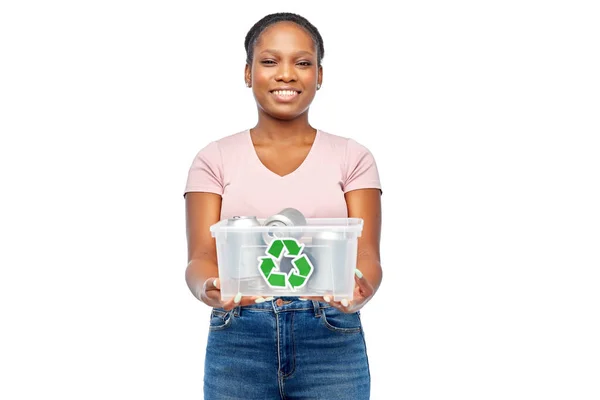 African american woman sorting metallic waste — Stock Photo, Image