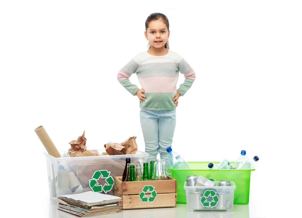 Happy girl sorting paper, metal and plastic waste — Stock Photo, Image