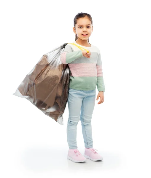 Smiling girl with paper garbage in plastic bag — Stock Photo, Image