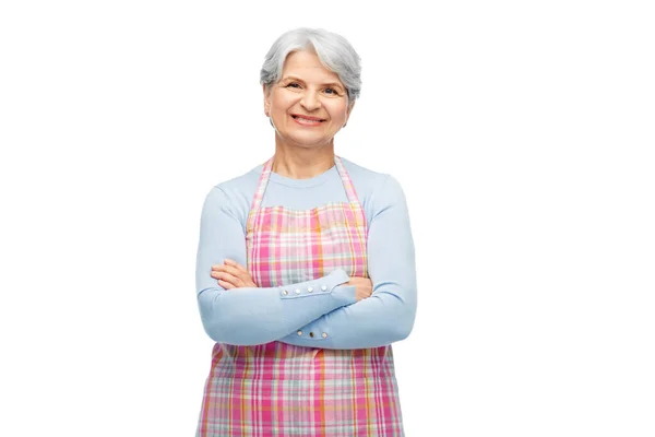 Portret van lachende oudere vrouw in schort — Stockfoto