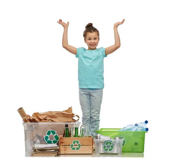 Happy girl sorting paper, metal and plastic waste — Stock Photo, Image