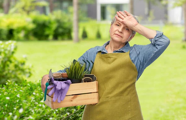 tired senior woman with garden tools in box