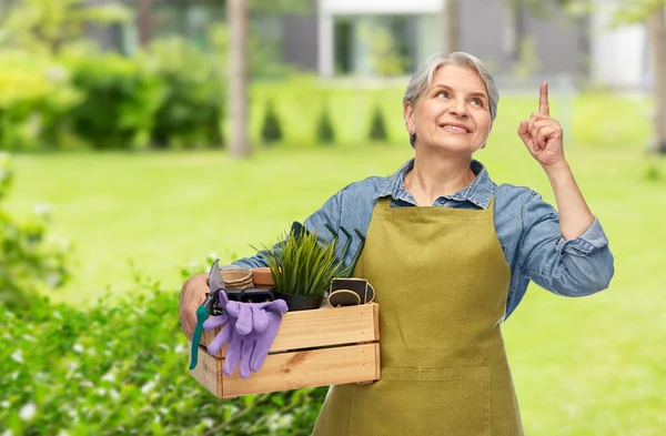 Leende äldre kvinna med trädgårdsredskap i lådan — Stockfoto