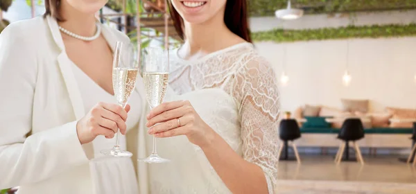 Close up of female gay couple with champagne — Stock Photo, Image