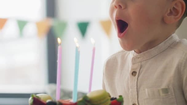 Heureux petit garçon soufflant des bougies sur gâteau d'anniversaire — Video