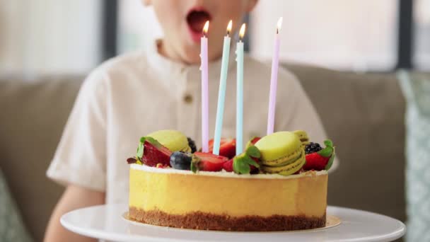 快乐的小男孩在生日蛋糕上吹蜡烛 — 图库视频影像