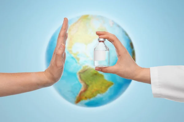 Hand with medicine and showing stop gesture — Stock Photo, Image