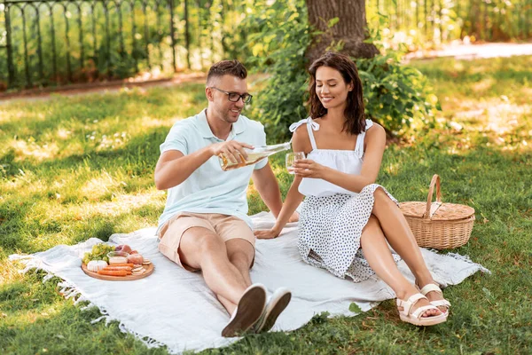 Lyckligt par med vin som har picknick i parken — Stockfoto