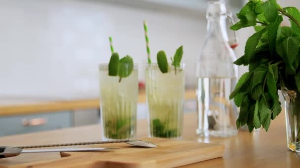 Gläser Limetten-Mojito-Cocktail in der heimischen Küche — Stockvideo