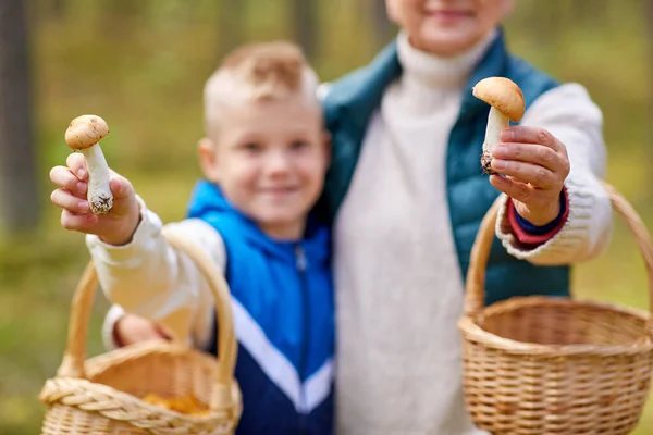 Nonna e nipote con funghi nella foresta — Foto Stock