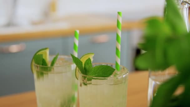 Gläser Limetten-Mojito-Cocktail in der heimischen Küche — Stockvideo