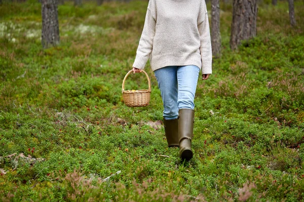 Donna con cesto raccolta funghi nel bosco — Foto Stock