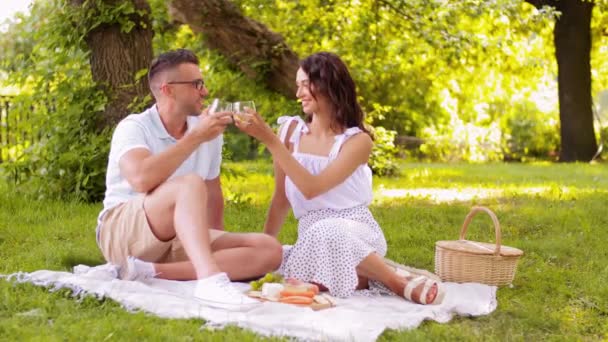 Szczęśliwy para mając piknik w letnim parku — Wideo stockowe