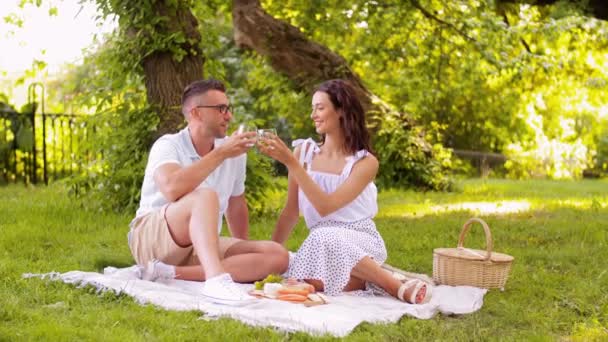 Feliz pareja teniendo un picnic en el parque de verano — Vídeos de Stock