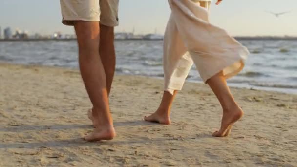 Feliz pareja caminando a lo largo de playa de verano — Vídeo de stock