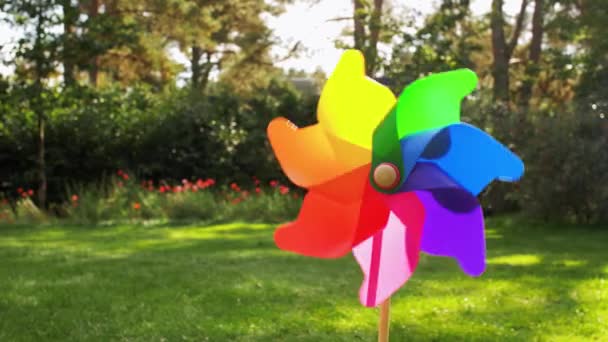 Colorful pinwheel rotating outdoors in summer — Stock Video