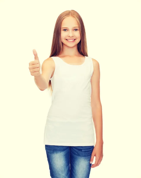 Girl in blank white shirt showing thumbs up — Stock Photo, Image