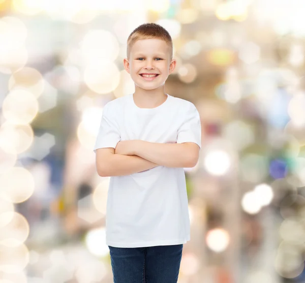 Smiling little boy in white blank t-shirt — Stock Photo, Image