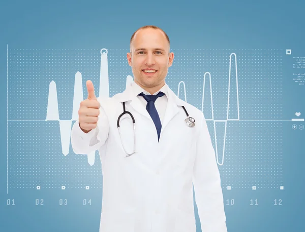 Smiling doctor with stethoscope showing thumbs up — Stock Photo, Image